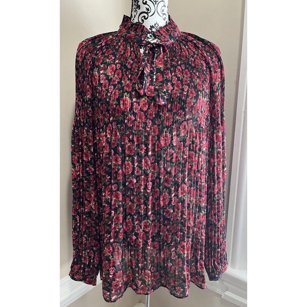 Lauren Ralph Lauren Top Women XL Floral Pleated Georgette Tie-Neck Blouse